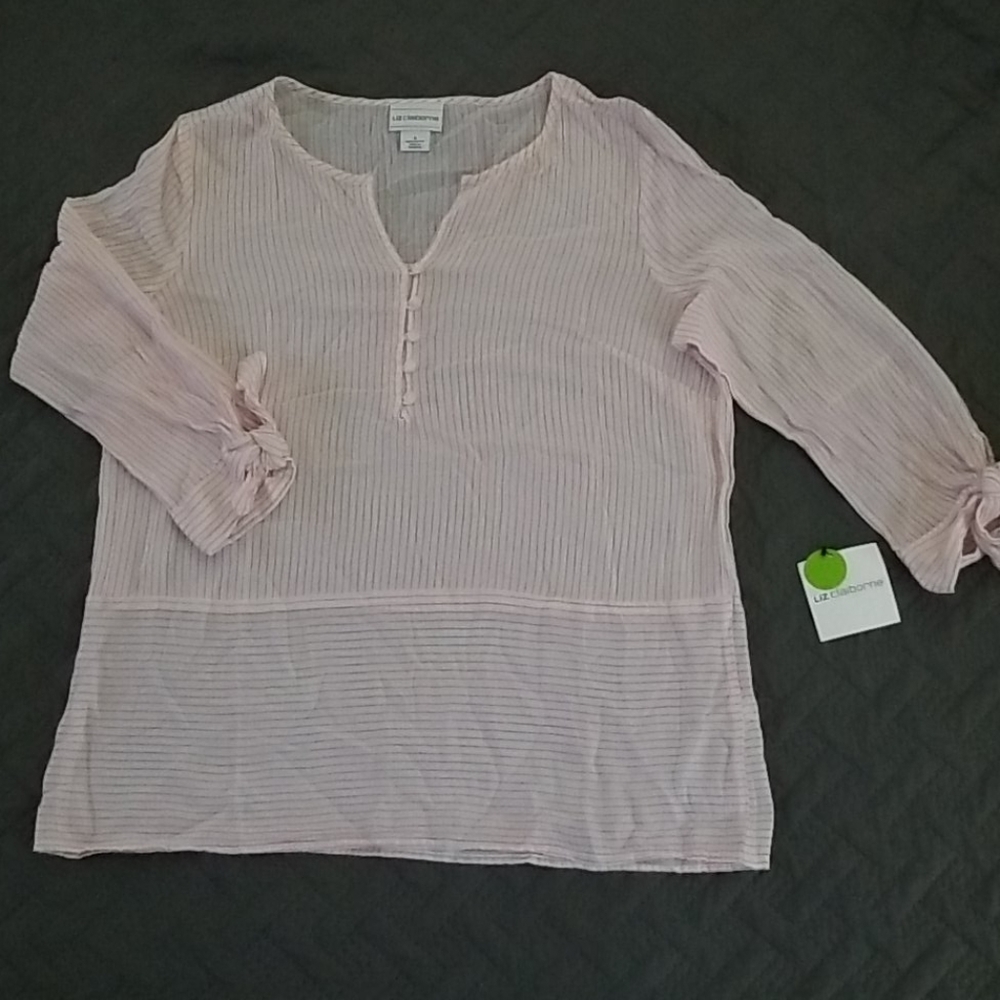 Liz Claiborne Tie Sleeve Popover Pink Stripe S NWT